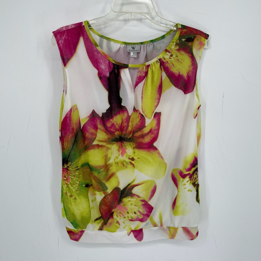 Worthington Women's Green Pink Floral Sleeveless Bubble Hem Tank Top Size M